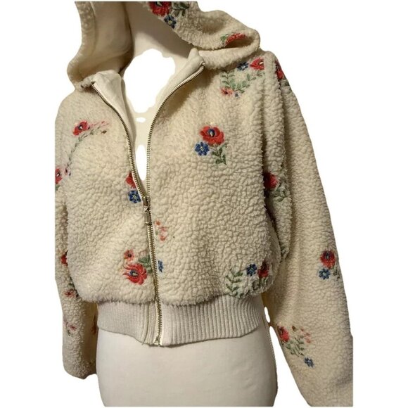 Urban Outfitter Sherpa Jacket Medium Nature Flower Hood Ribbed Waistband Zipper - Picture 1 of 15